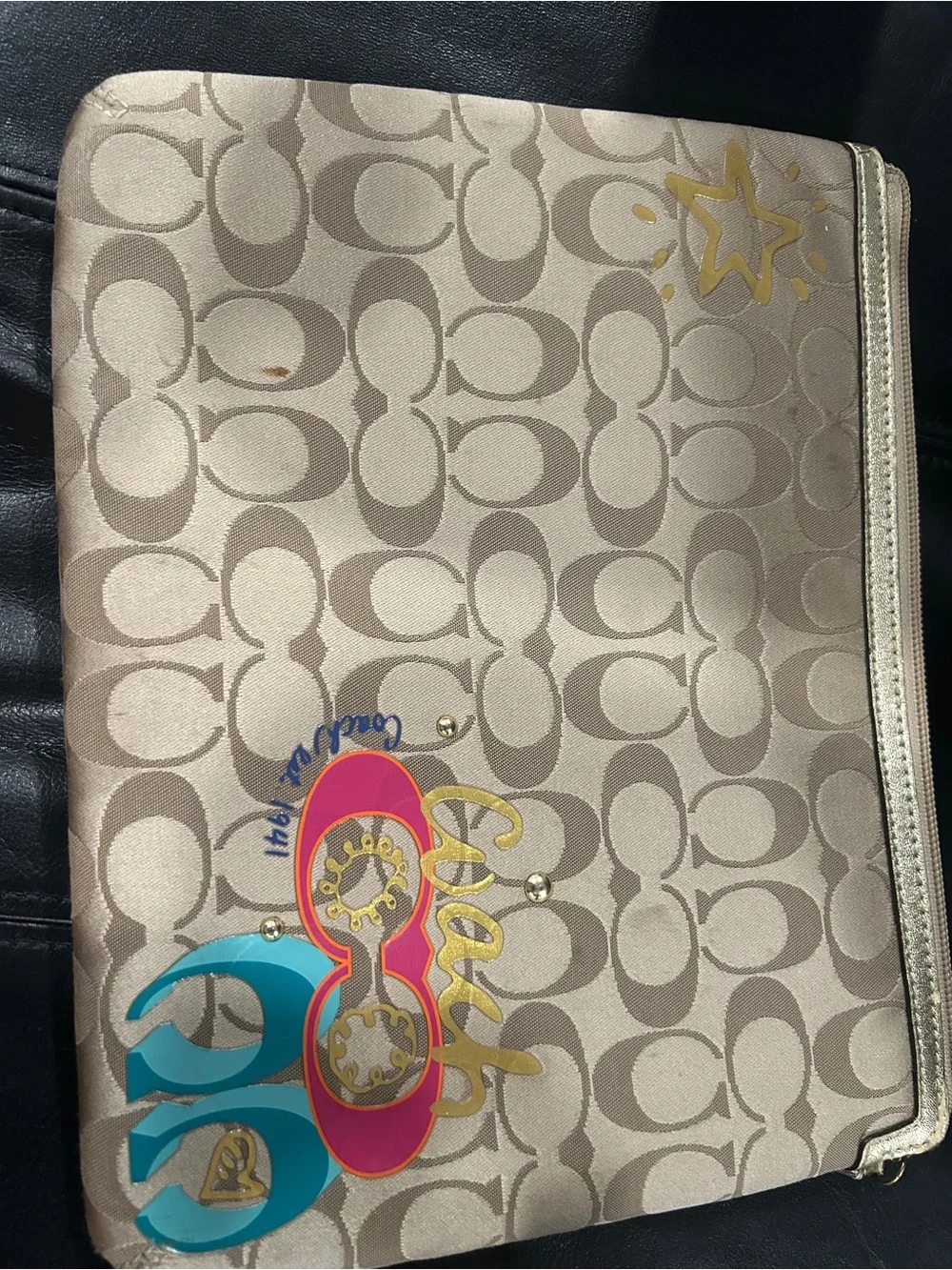 Coach Signature Pouch with Colorful Sunglasses Graphic - Beige 10.5w x 8.5L
